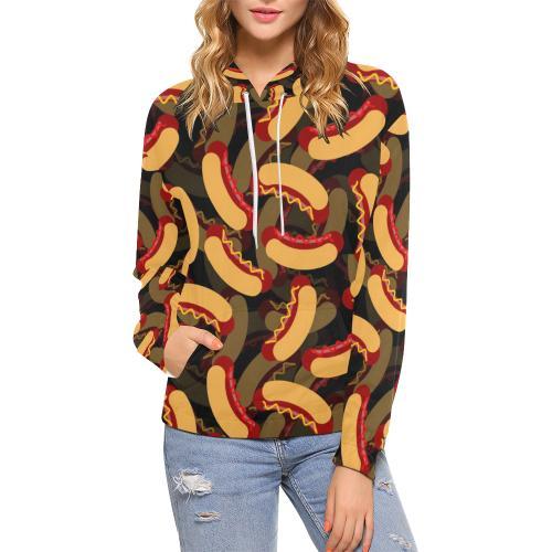 Black Hot Dog Pattern Print Women Pullover Hoodie-grizzshop