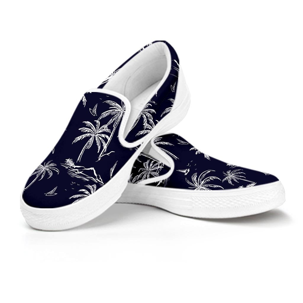 Black Palm Tree Hawaiian Print Men's Slip On Sneakers-grizzshop