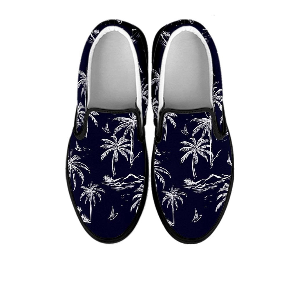 Black Palm Tree Hawaiian Print Men's Slip On Sneakers-grizzshop