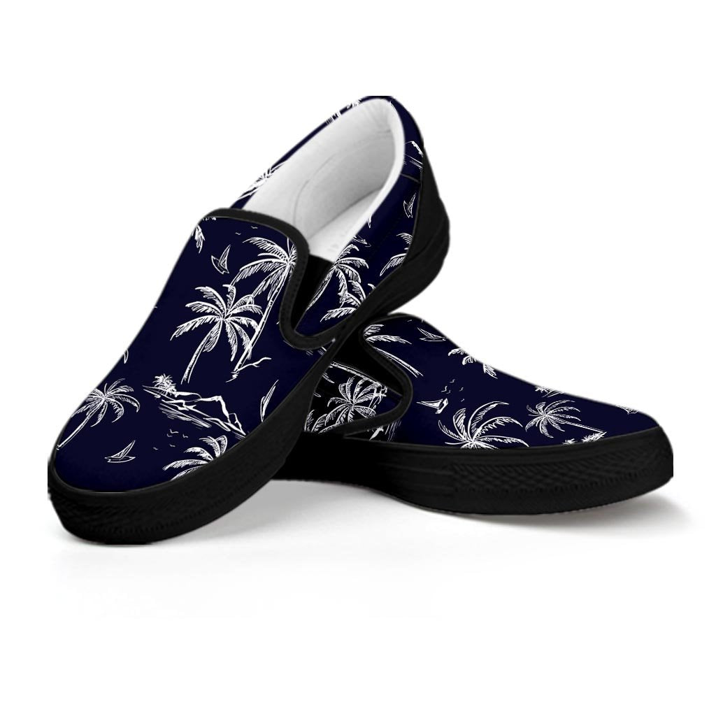 Black Palm Tree Hawaiian Print Men's Slip On Sneakers-grizzshop