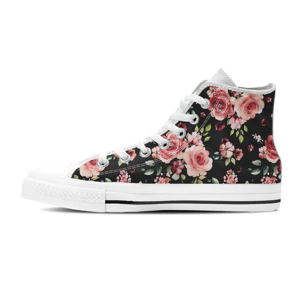 Black Pink Rose Flower Print Men's High Top Shoes-grizzshop