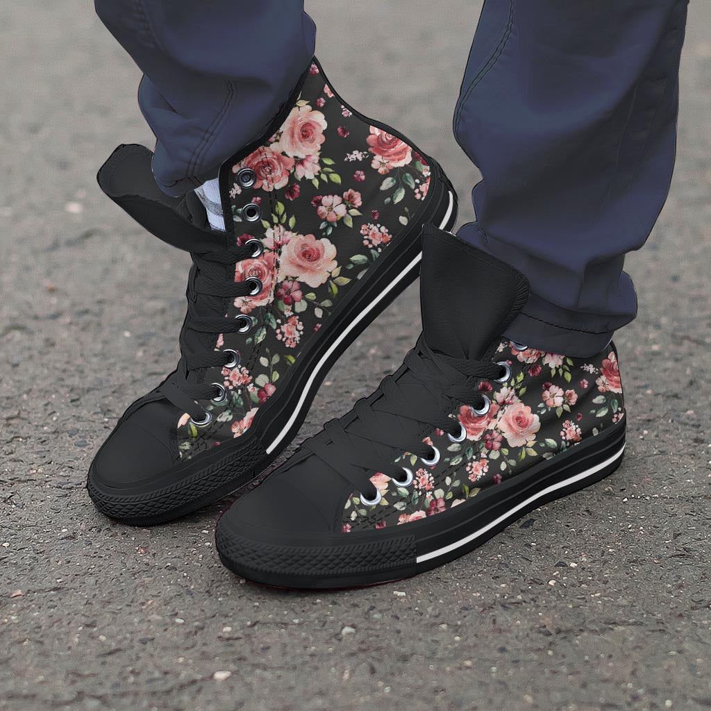Black Pink Rose Flower Print Men's High Top Shoes-grizzshop