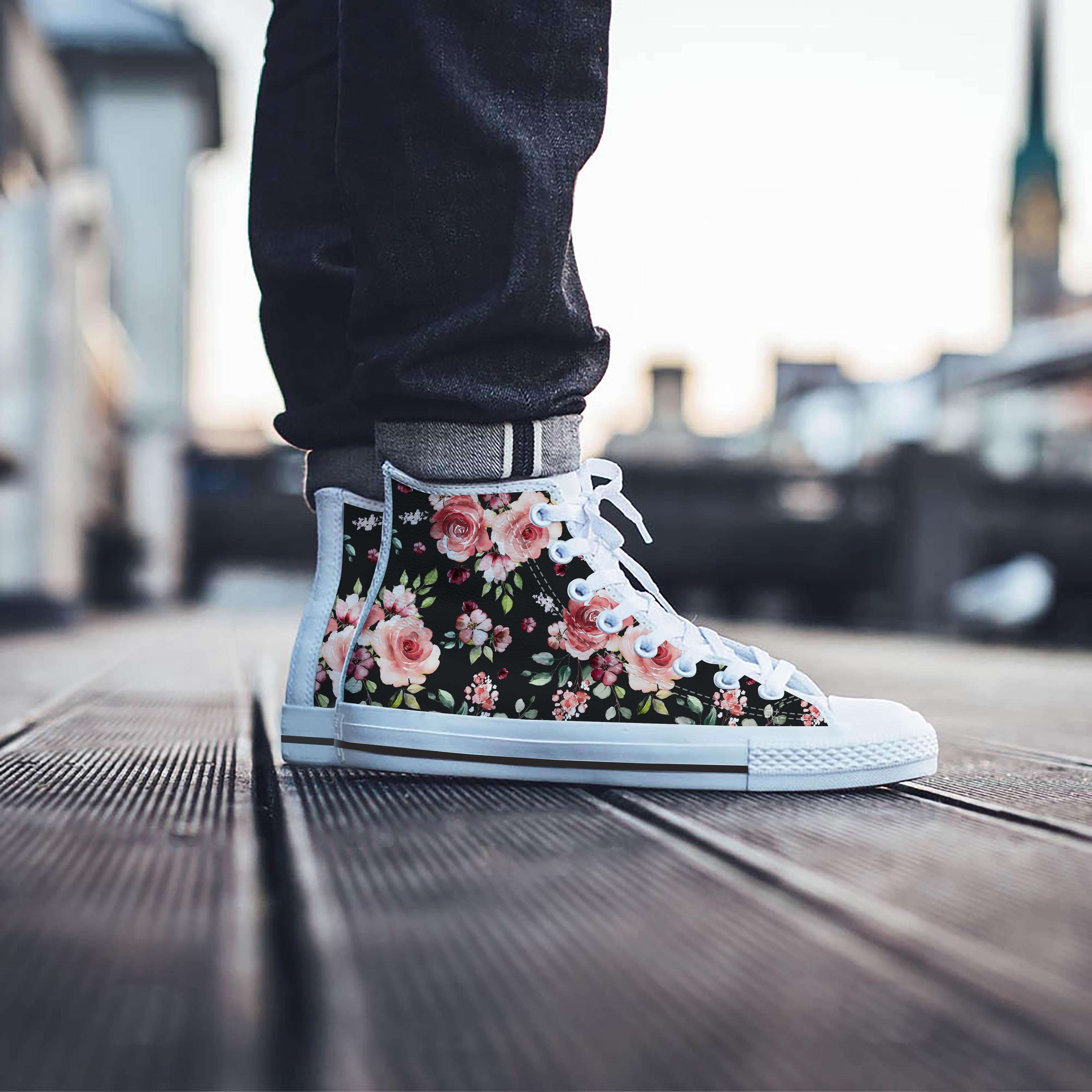 Black Pink Rose Flower Print Men's High Top Shoes-grizzshop