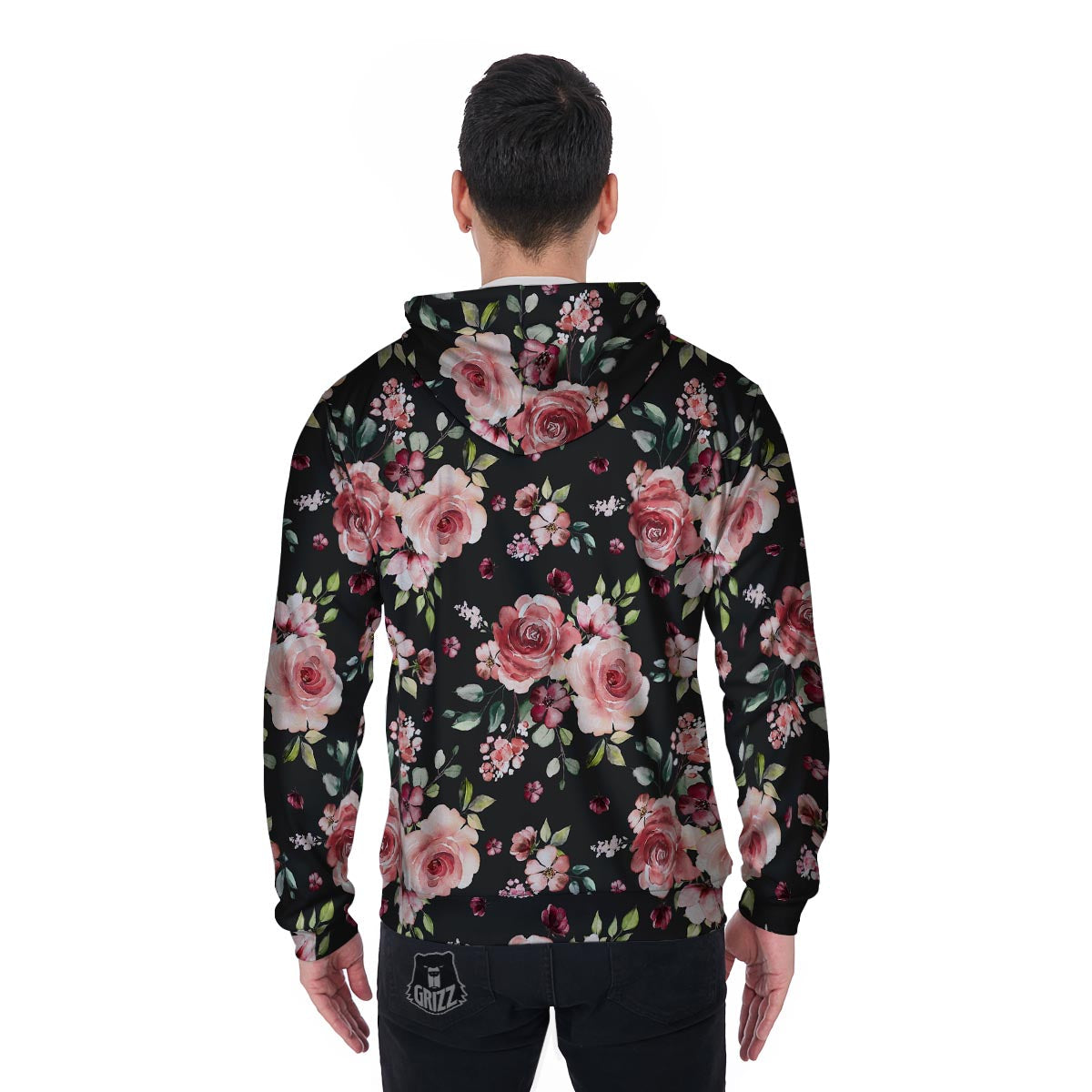 Black Pink Rose Flower Print Men's Zip Up Hoodie-grizzshop