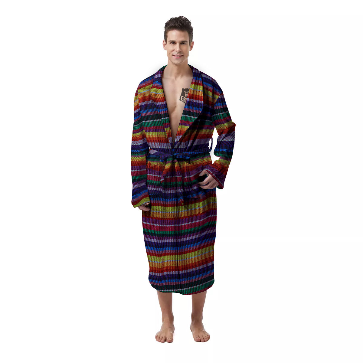 Blanket Stripe Colorful Mexican Print Men's Robe-grizzshop