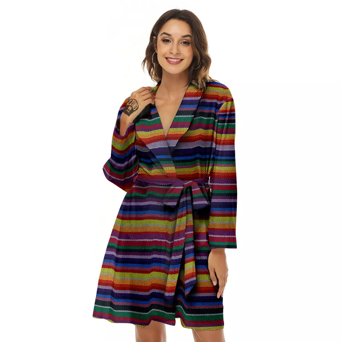Blanket Stripe Colorful Mexican Print Women's Robe-grizzshop