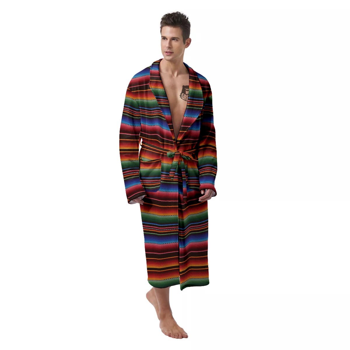 Blanket Stripe Tribal Mexican Print Men's Robe-grizzshop