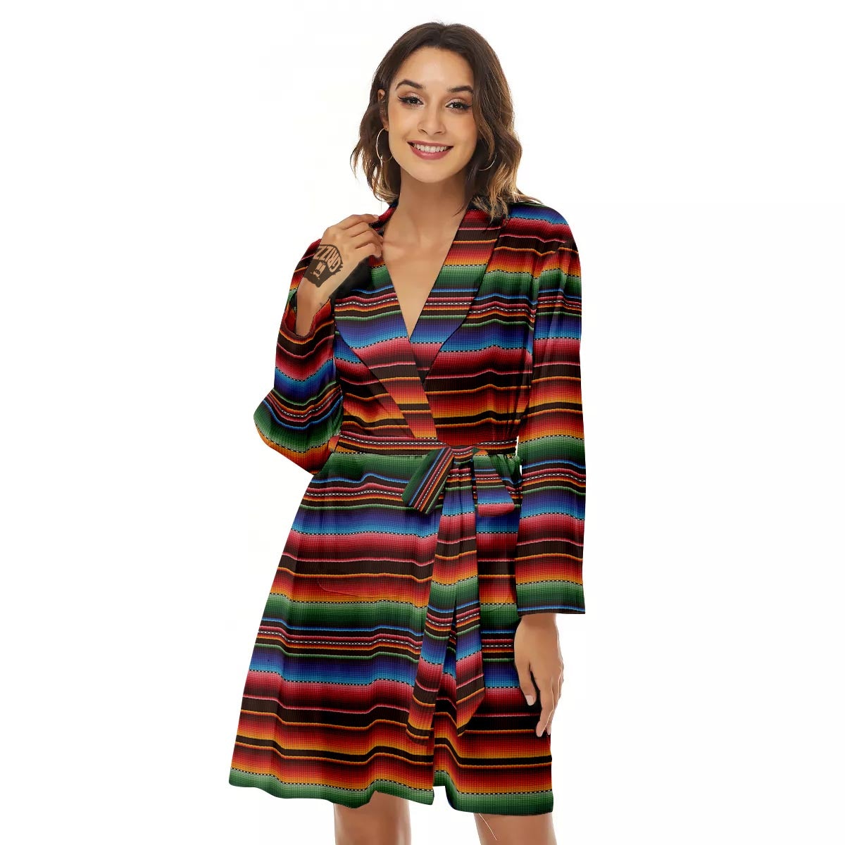 Blanket Stripe Tribal Mexican Print Women's Robe-grizzshop