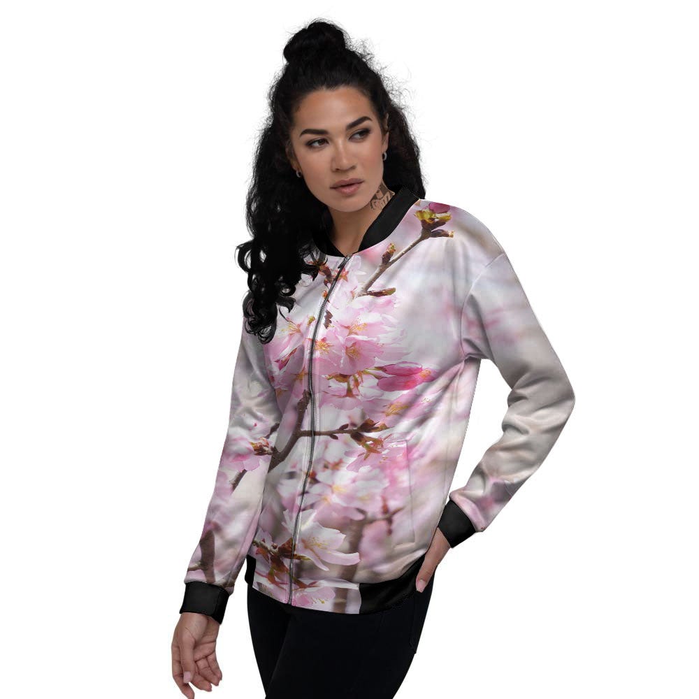 Blossom Spring Cherry Print Women's Bomber Jacket-grizzshop