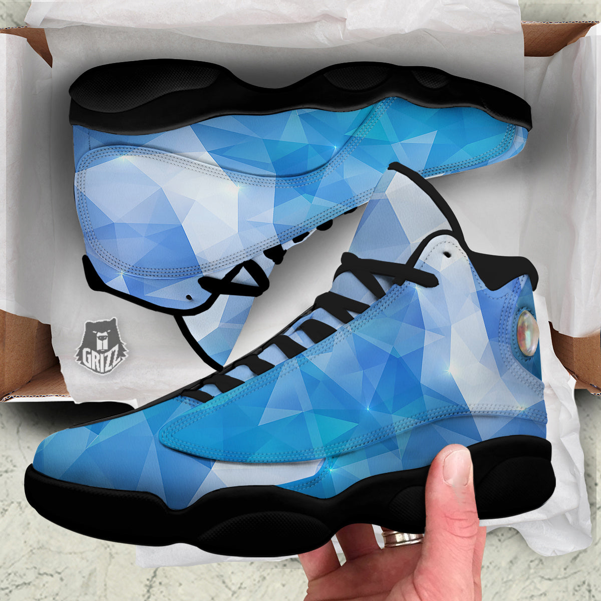 Blue Abstract Shining Ice Print Black Basketball Shoes-grizzshop