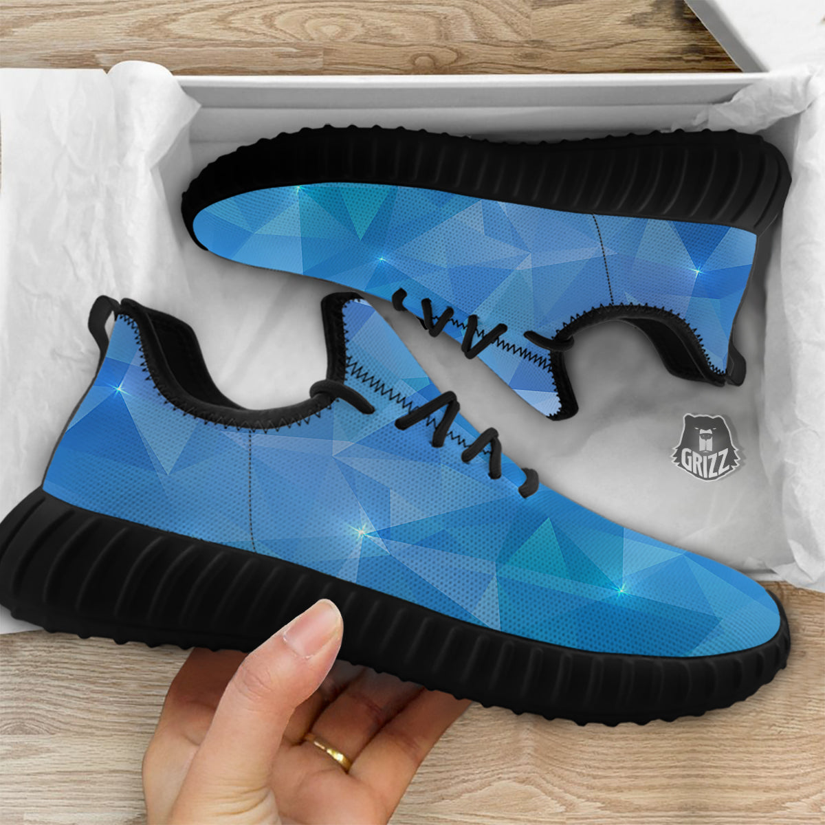 Blue Abstract Shining Ice Print Black Walking Shoes-grizzshop
