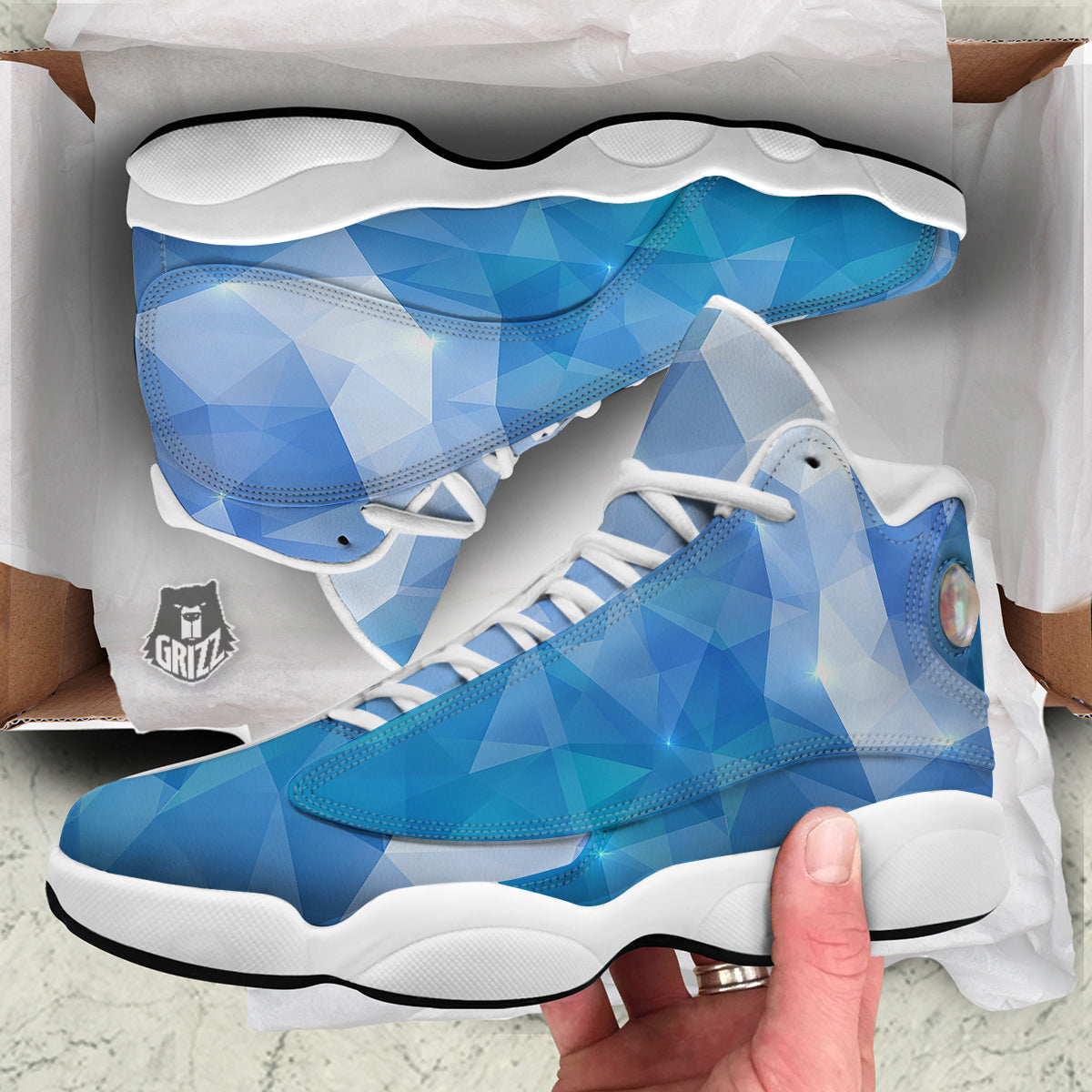 Blue Abstract Shining Ice Print White Basketball Shoes-grizzshop