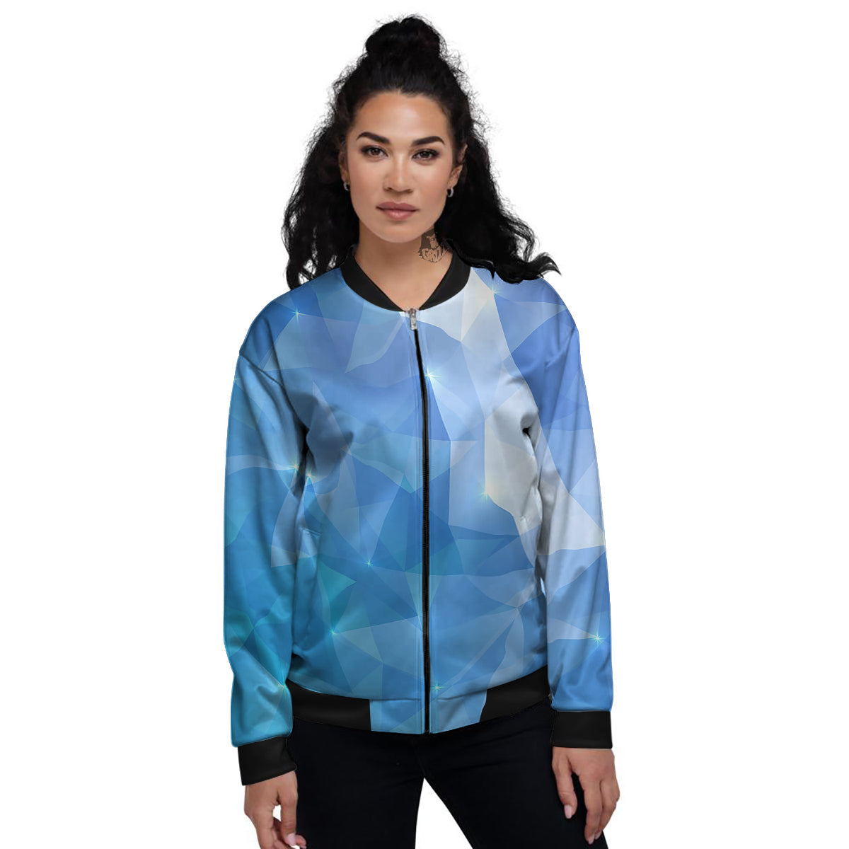 Blue Abstract Shining Ice Print Women's Bomber Jacket-grizzshop