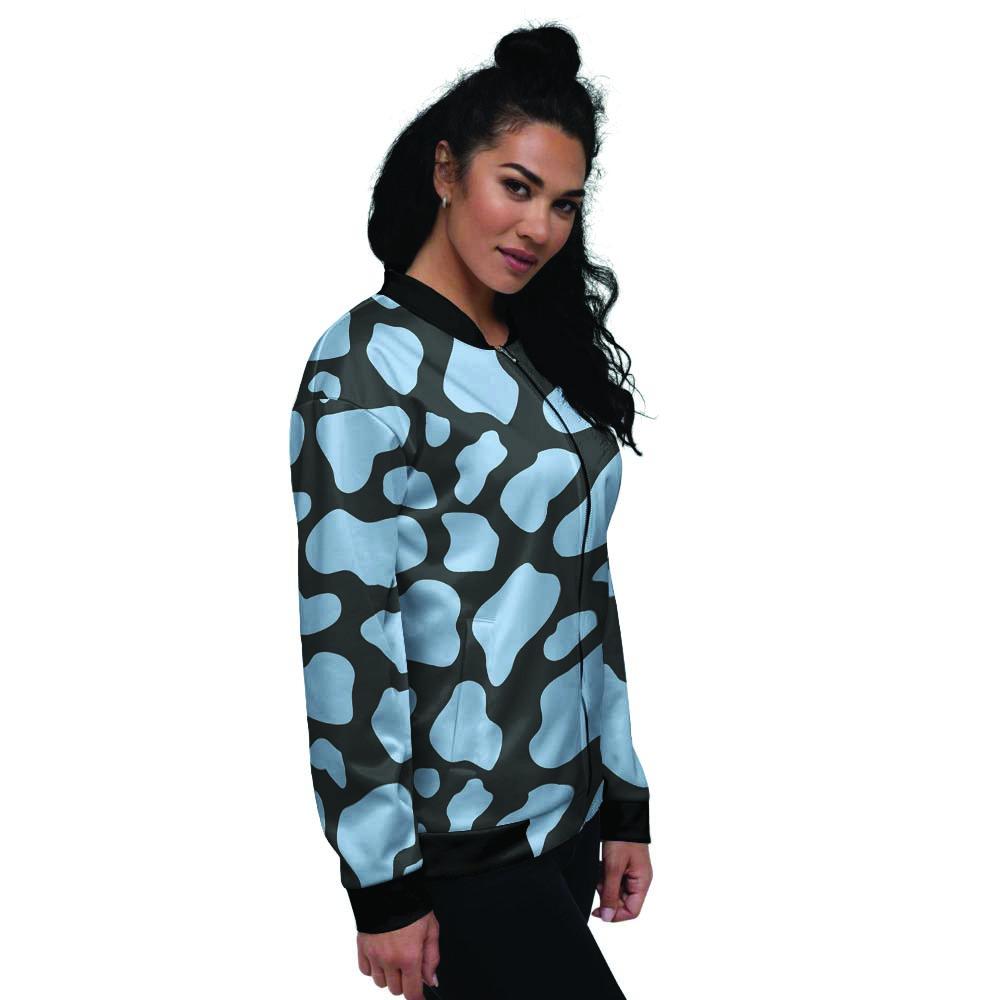 Blue And Black Cow Print Women's Bomber Jacket-grizzshop