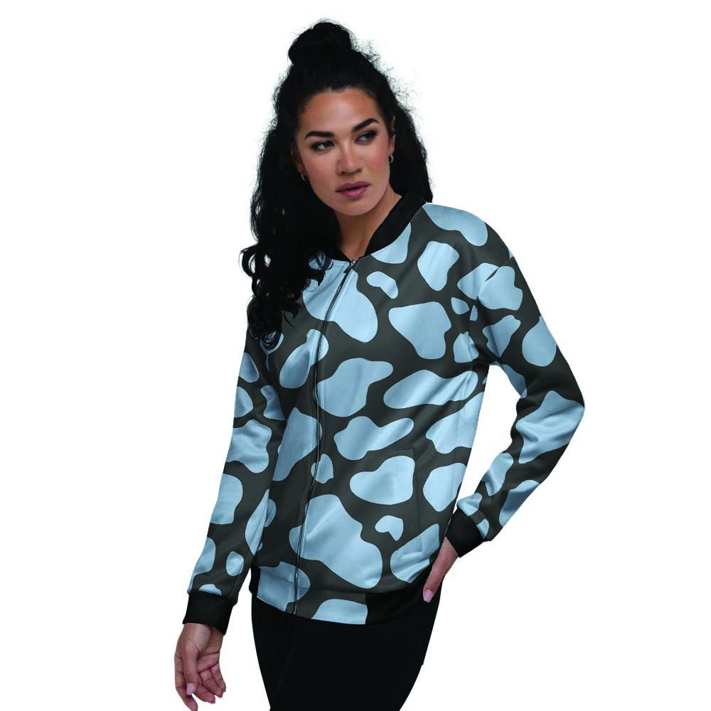 Blue And Black Cow Print Women's Bomber Jacket-grizzshop