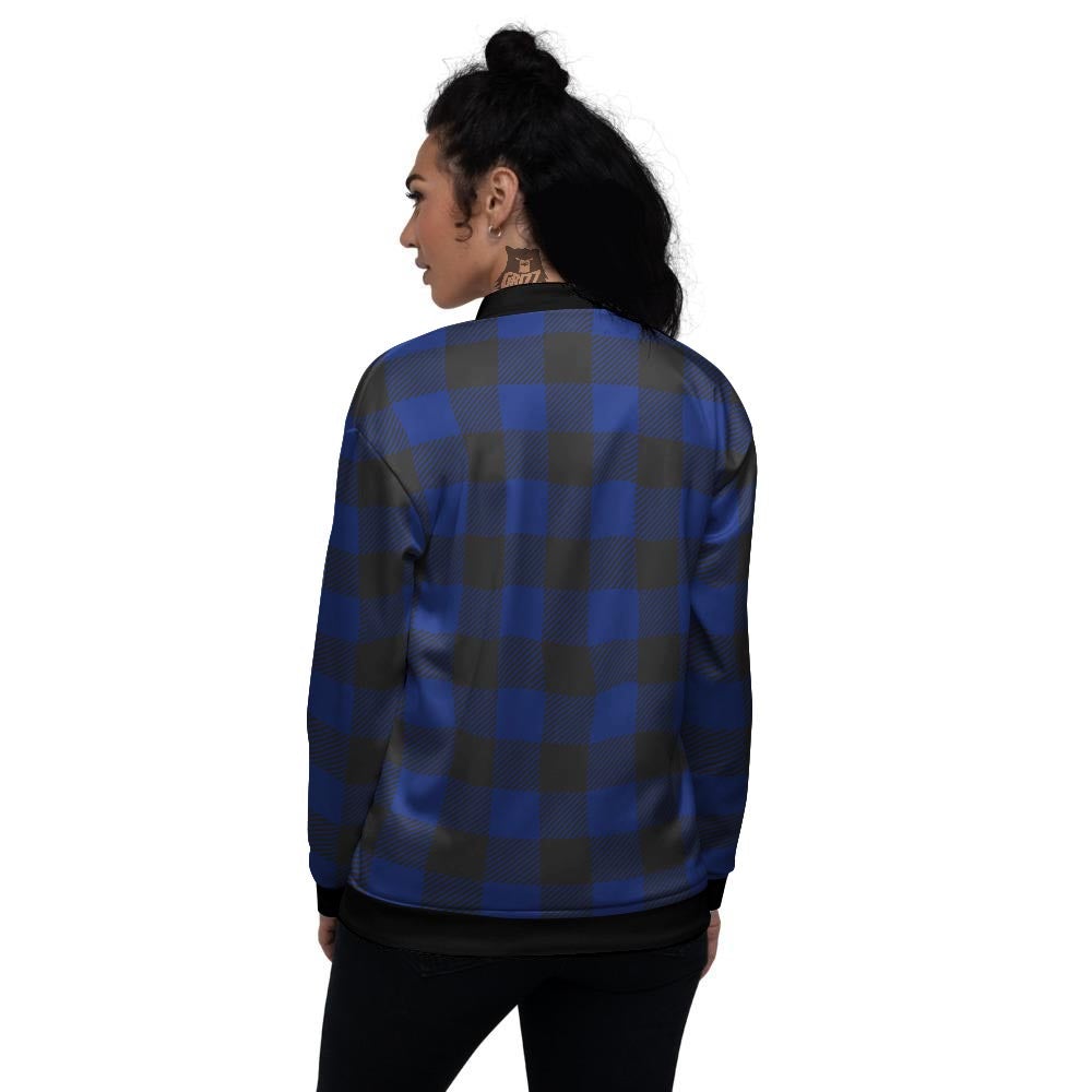 Blue And Black Steel Buffalo Check Print Pattern Women's Bomber Jacket-grizzshop