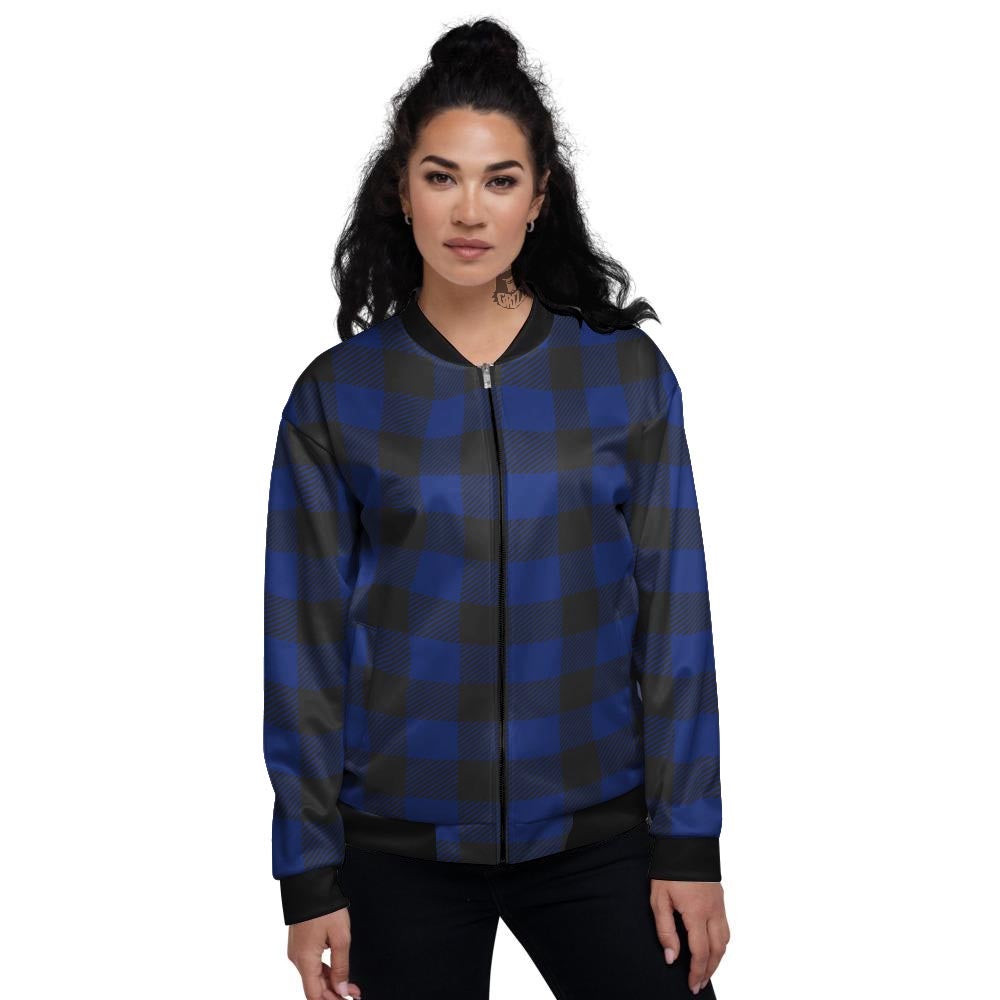 Blue And Black Steel Buffalo Check Print Pattern Women's Bomber Jacket-grizzshop