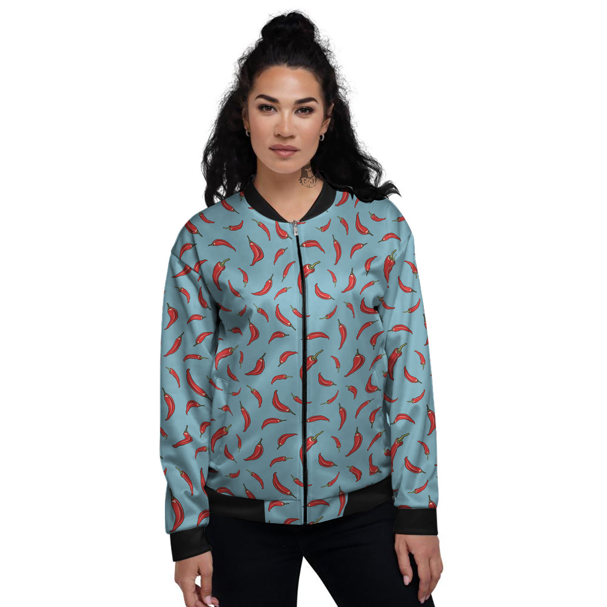 Blue And Chili Pepper Print Pattern Women's Bomber Jacket-grizzshop