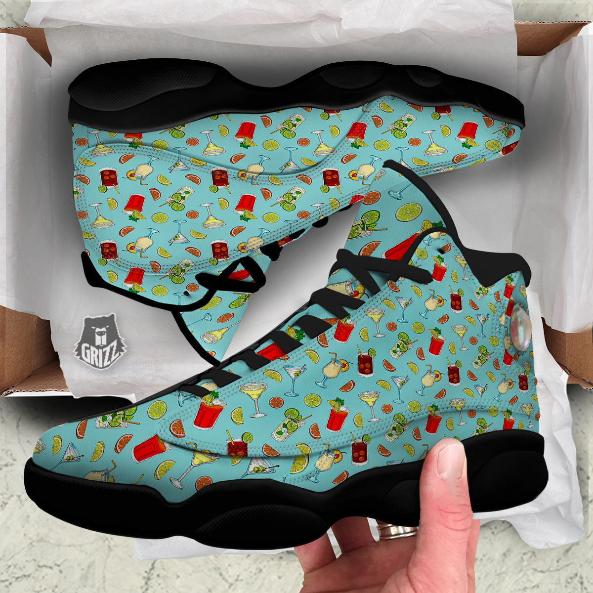 Blue And Cocktail Print Pattern Black Basketball Shoes-grizzshop