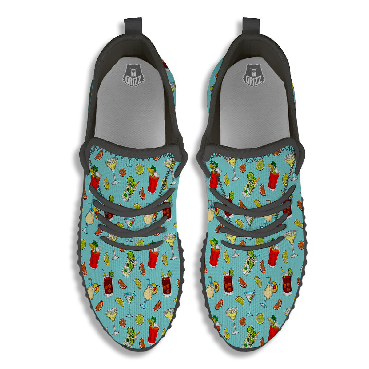 Blue And Cocktail Print Pattern Black Walking Shoes-grizzshop
