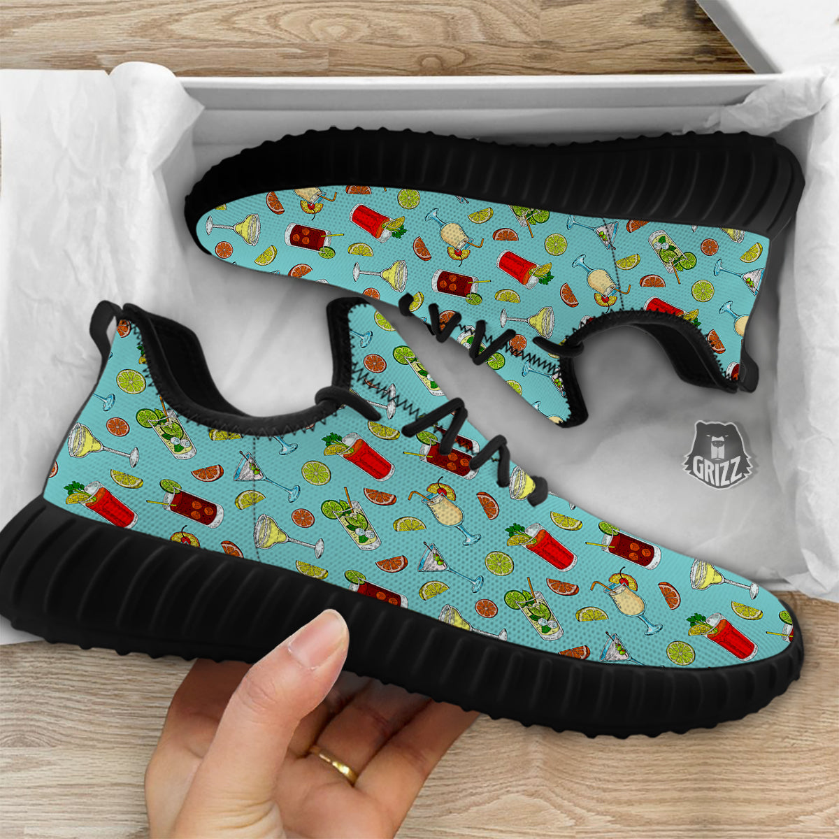 Blue And Cocktail Print Pattern Black Walking Shoes-grizzshop