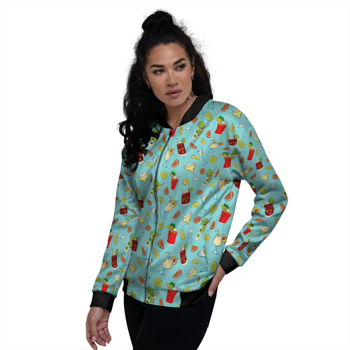 Blue And Cocktail Print Pattern Women's Bomber Jacket-grizzshop