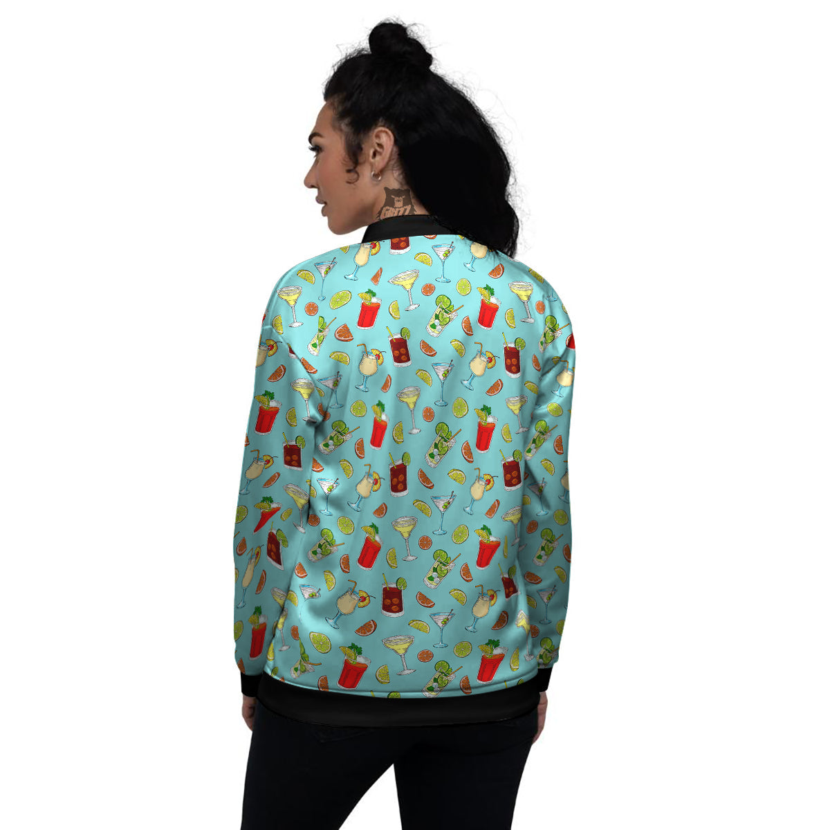 Blue And Cocktail Print Pattern Women's Bomber Jacket-grizzshop
