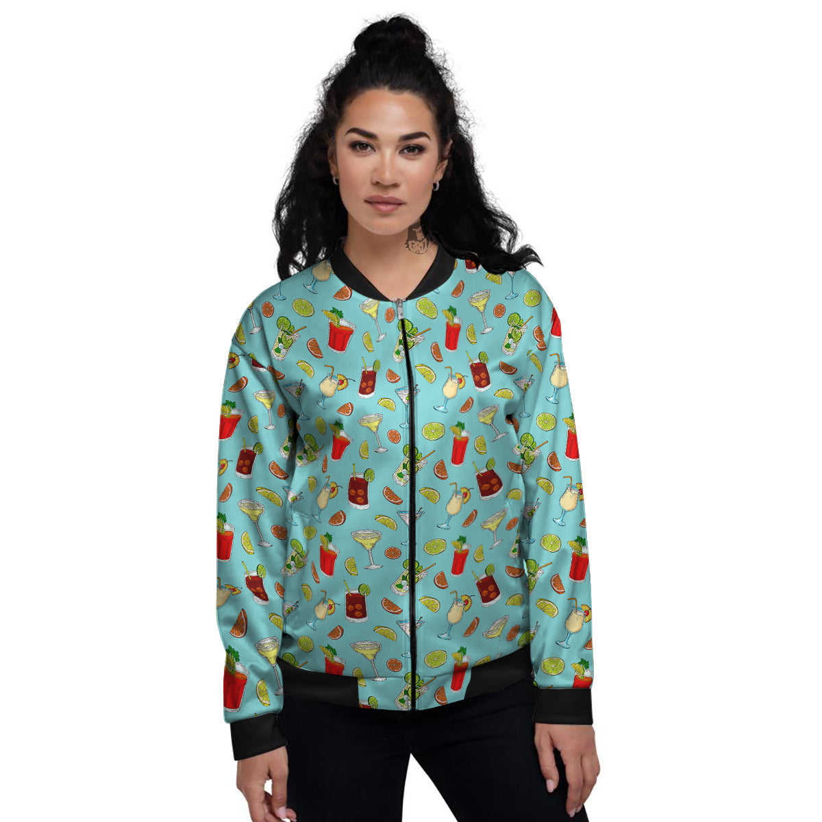 Blue And Cocktail Print Pattern Women's Bomber Jacket-grizzshop