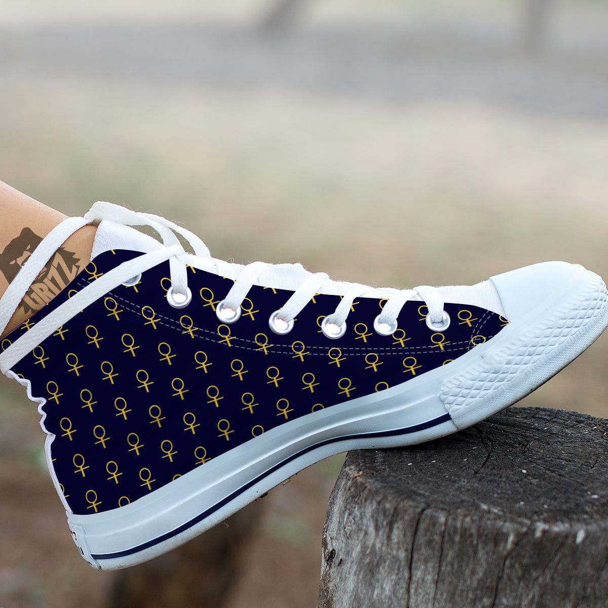 Blue And Gold Ankh Print Pattern White High Top Shoes-grizzshop