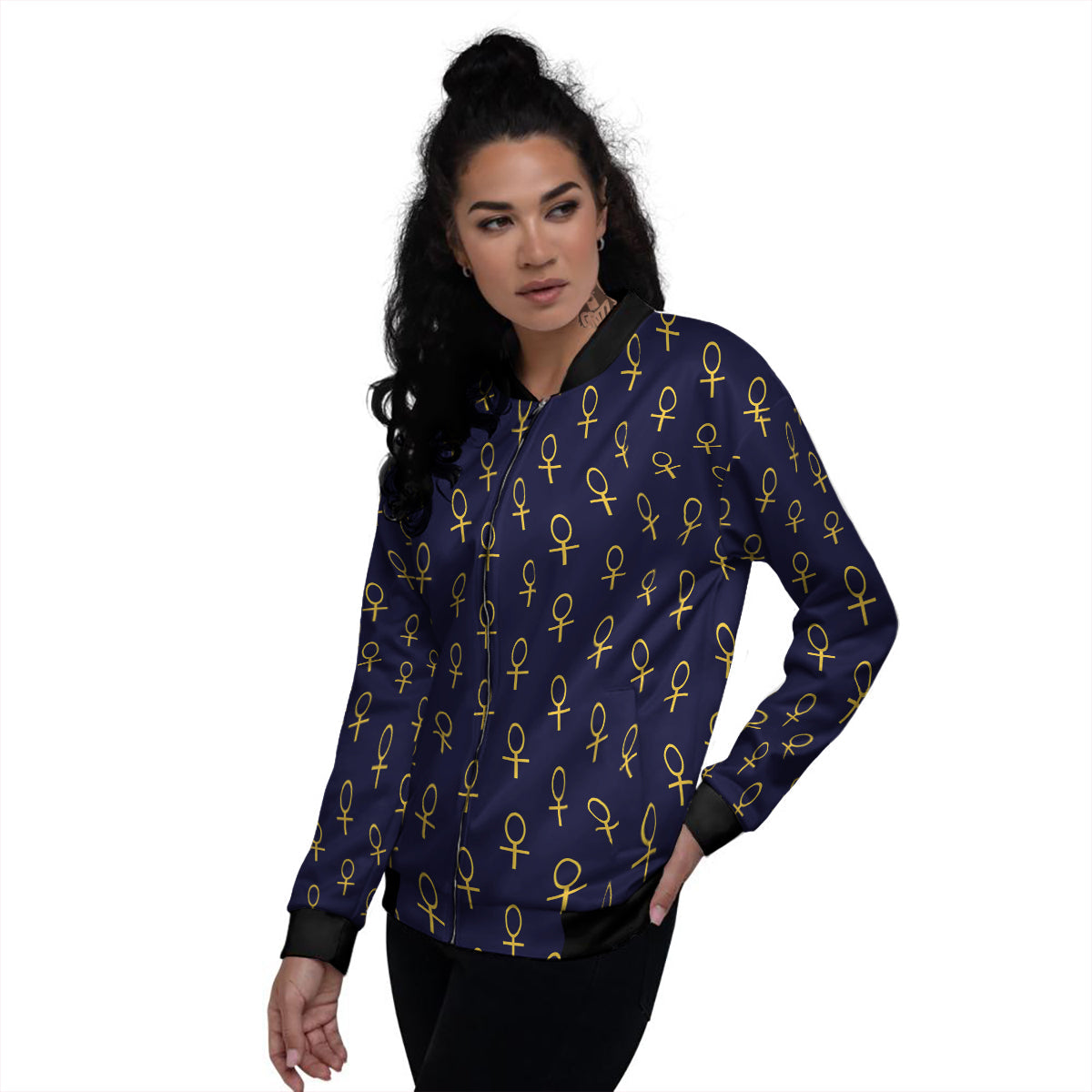 Blue And Gold Ankh Print Pattern Women's Bomber Jacket-grizzshop
