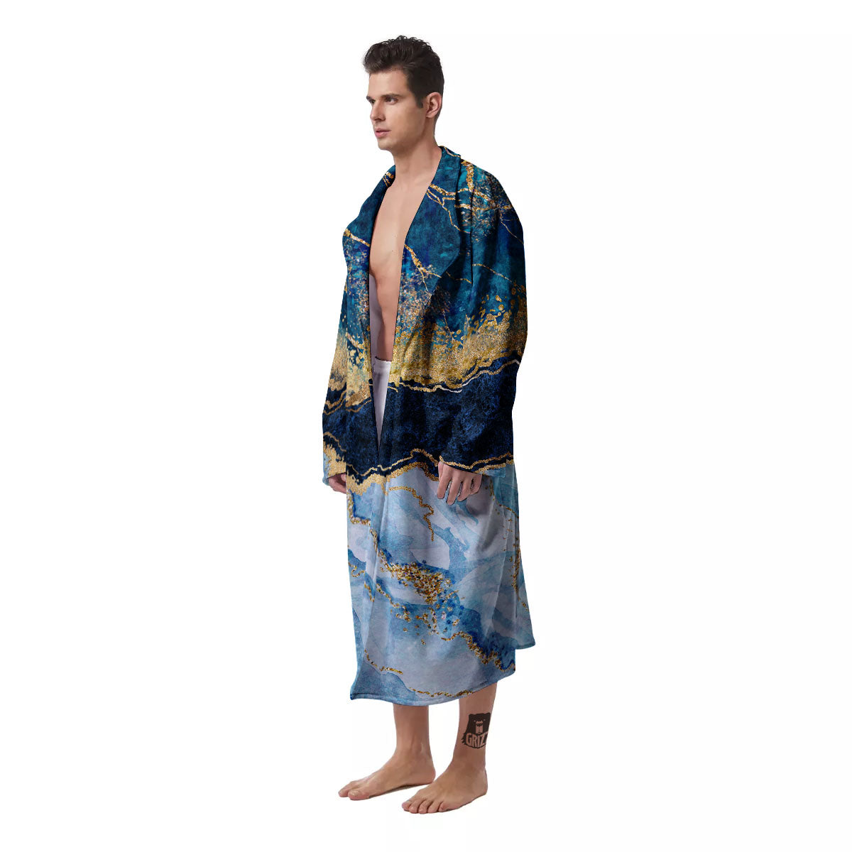 Blue And Gold Marble Print Men's Robe-grizzshop