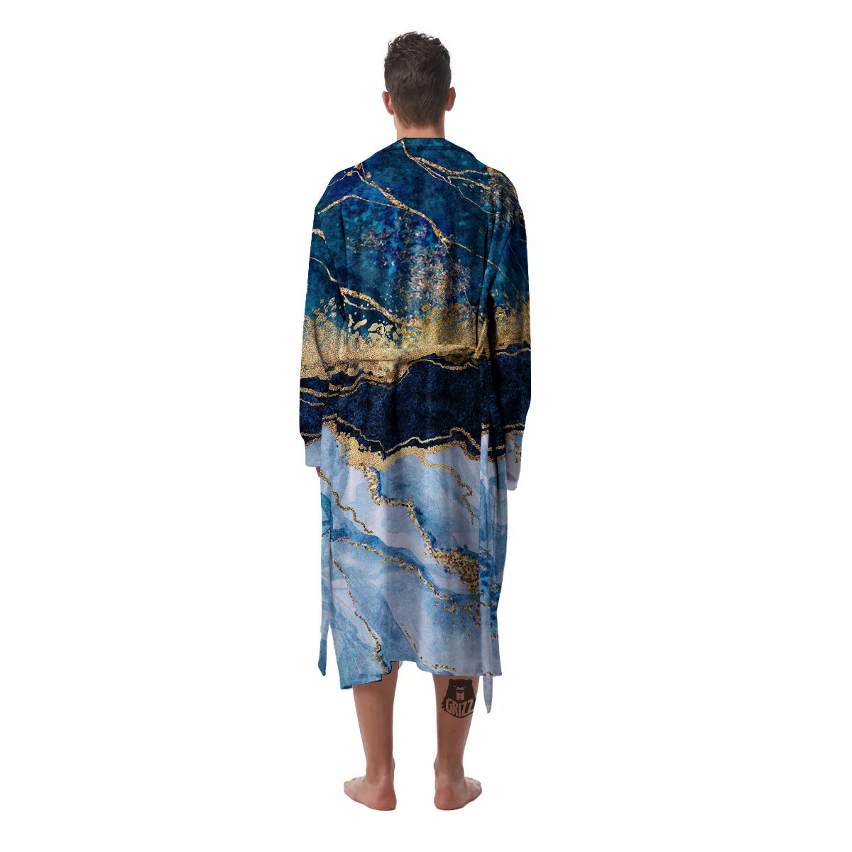 Blue And Gold Marble Print Men's Robe-grizzshop