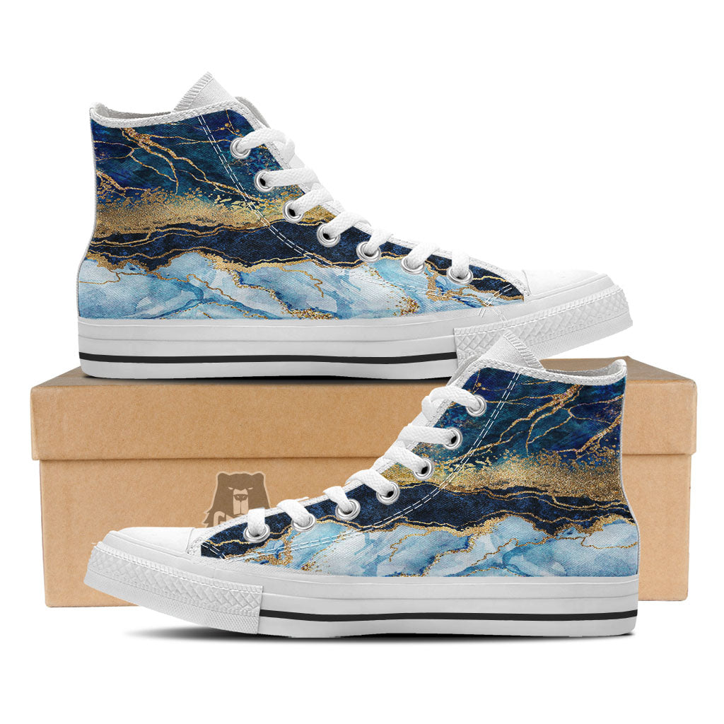 Blue And Gold Marble Print White High Top Shoes-grizzshop