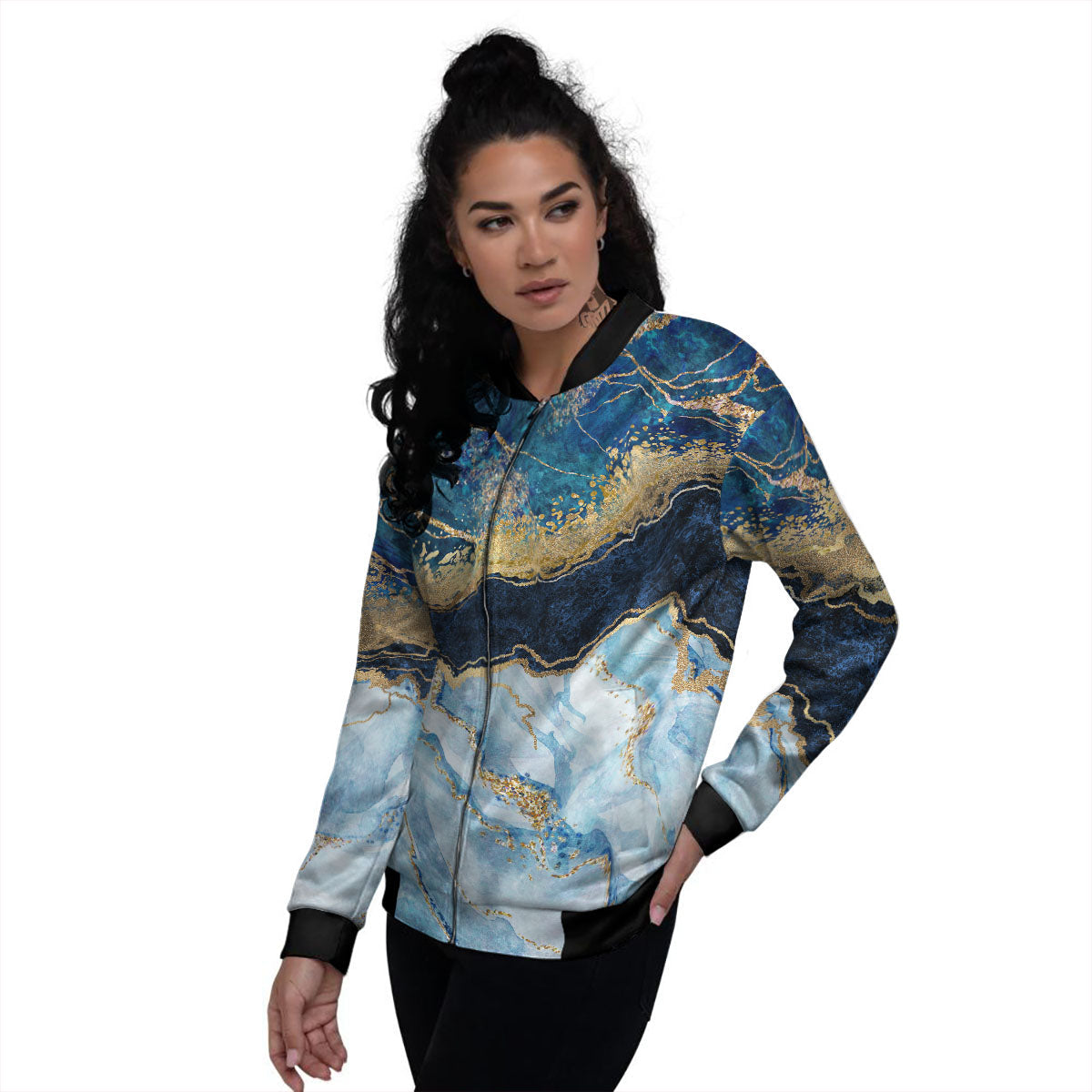 Blue And Gold Marble Print Women's Bomber Jacket-grizzshop