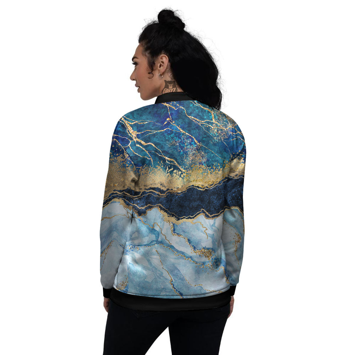 Blue And Gold Marble Print Women's Bomber Jacket-grizzshop