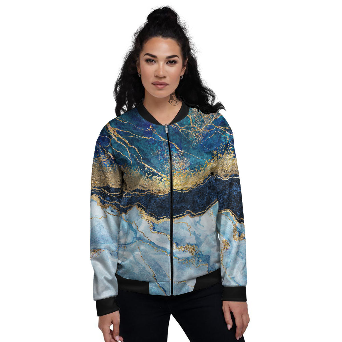 Blue And Gold Marble Print Women's Bomber Jacket-grizzshop