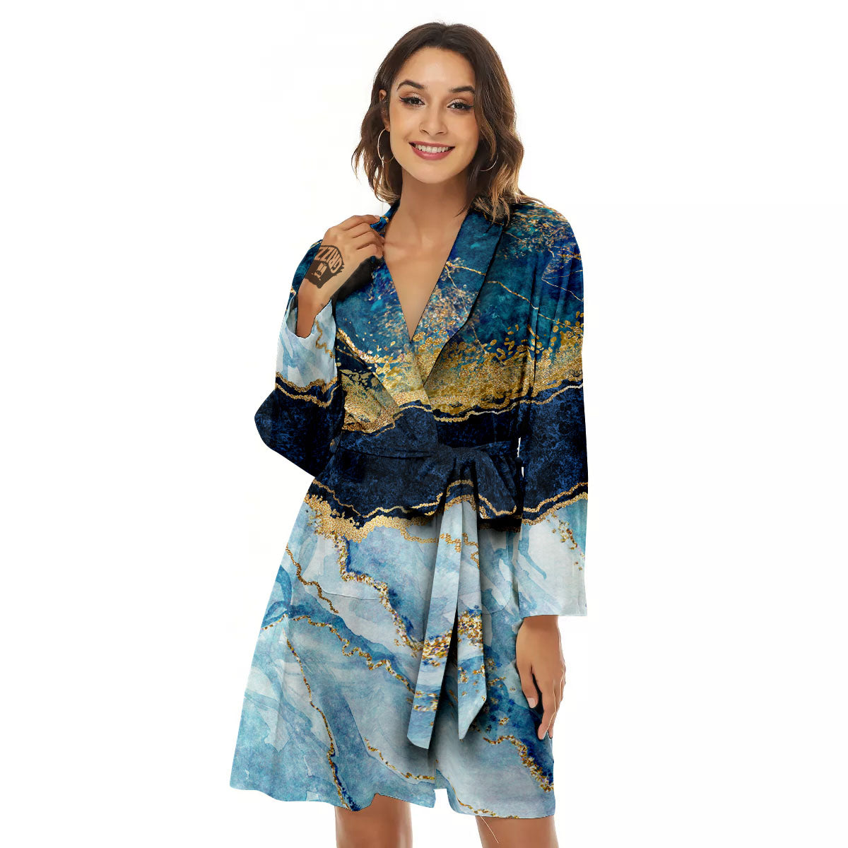 Blue And Gold Marble Print Women's Robe-grizzshop