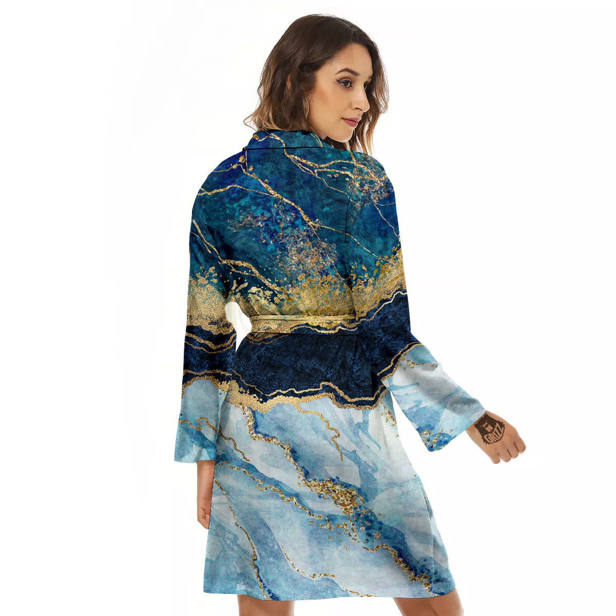 Blue And Gold Marble Print Women's Robe-grizzshop