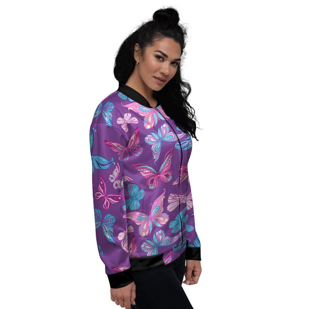 Blue And Pink Butterfly Print Women's Bomber Jacket-grizzshop