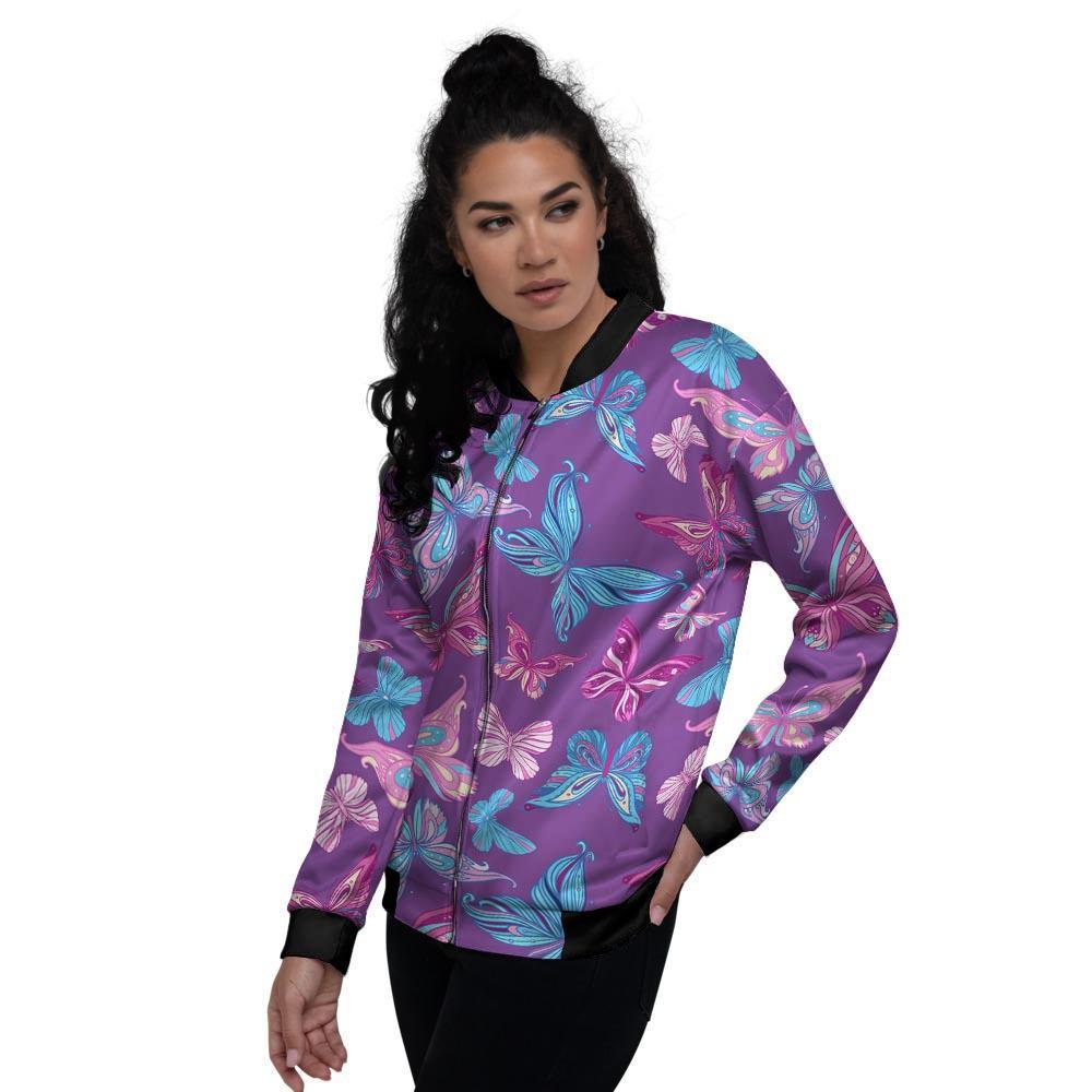 Blue And Pink Butterfly Print Women's Bomber Jacket-grizzshop