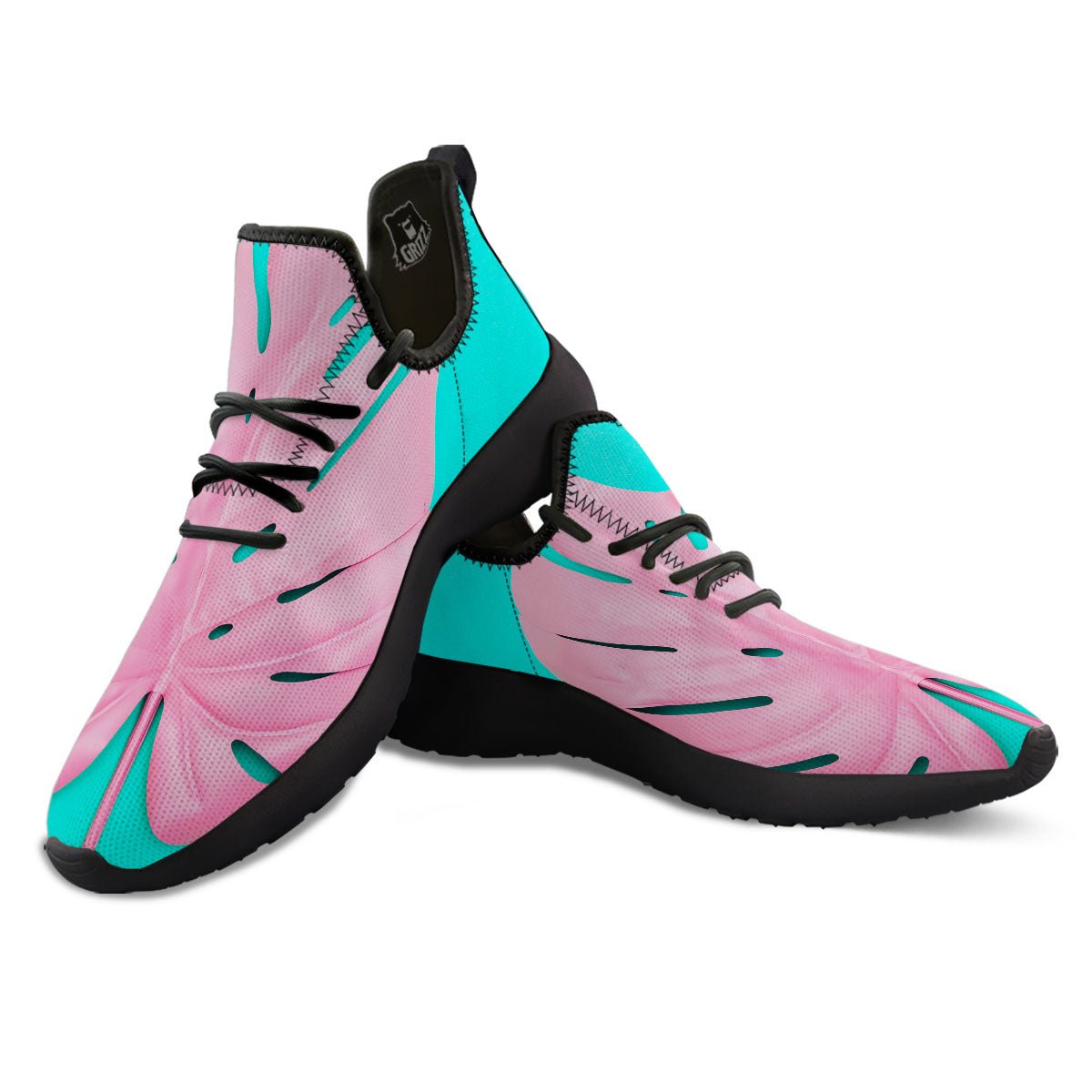 Blue And Pink Tropical Palm Leaf Print Black Athletic Shoes-grizzshop