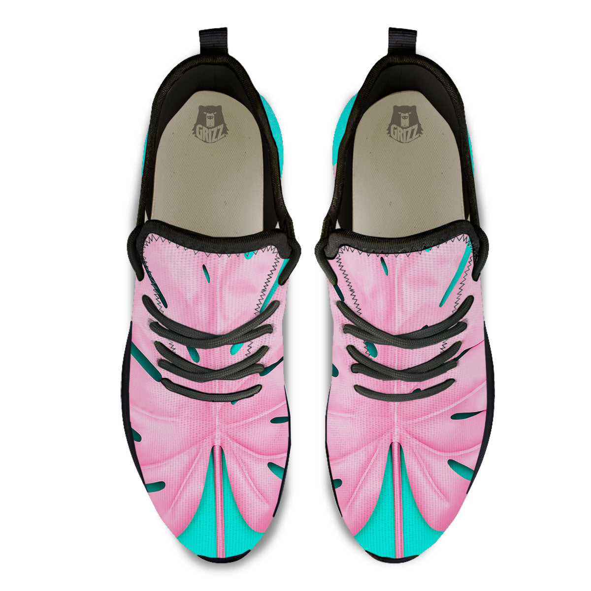 Blue And Pink Tropical Palm Leaf Print Black Athletic Shoes-grizzshop