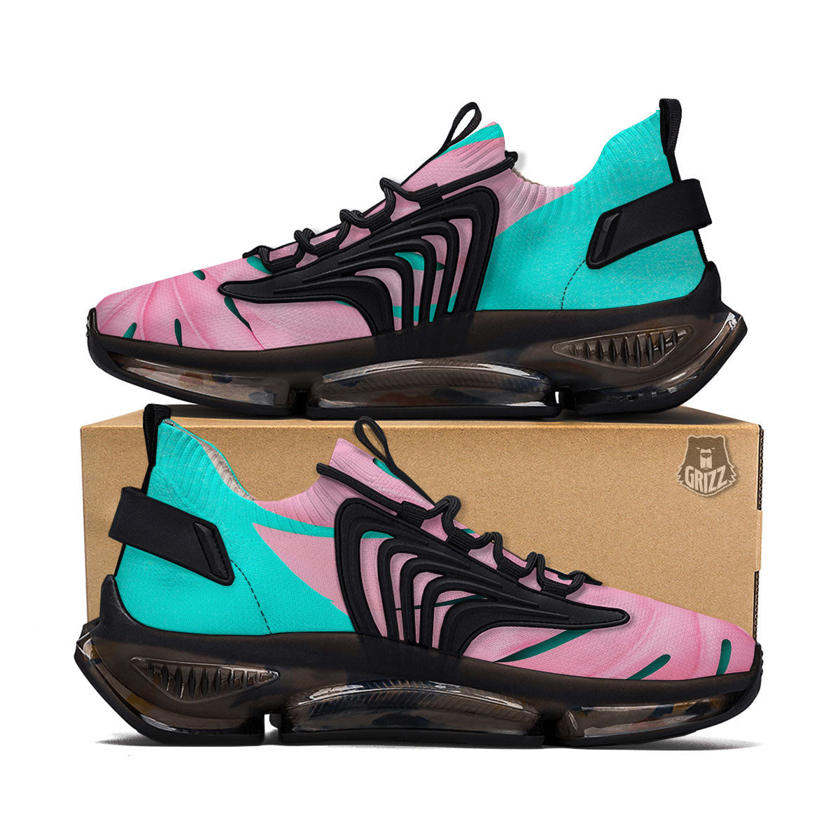 Blue And Pink Tropical Palm Leaf Print Black Gym Shoes-grizzshop
