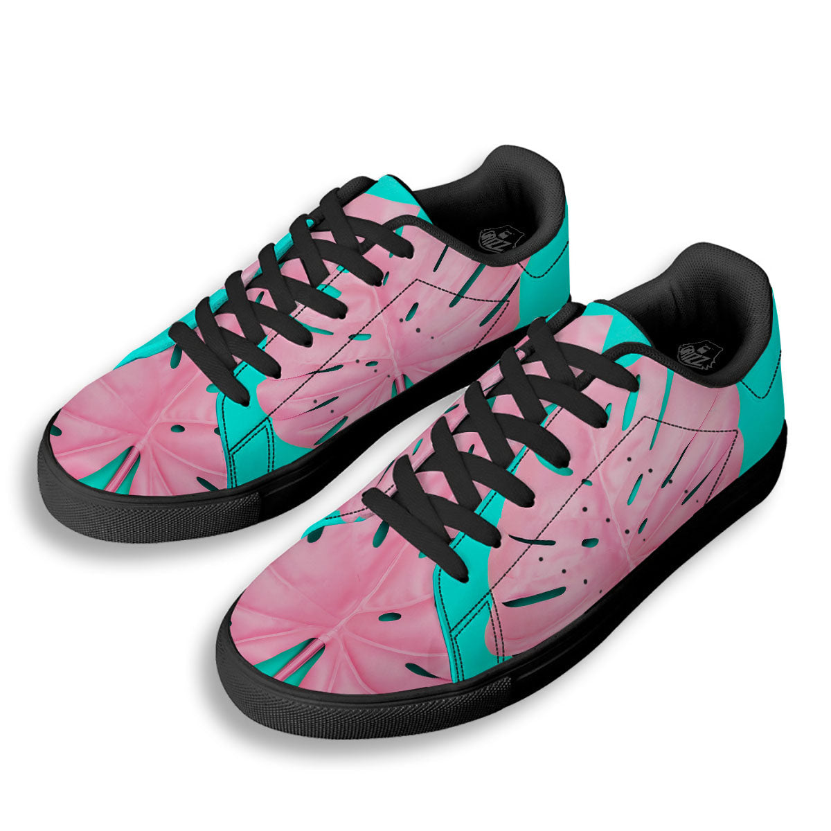 Blue And Pink Tropical Palm Leaf Print Black Low Top Sneakers-grizzshop