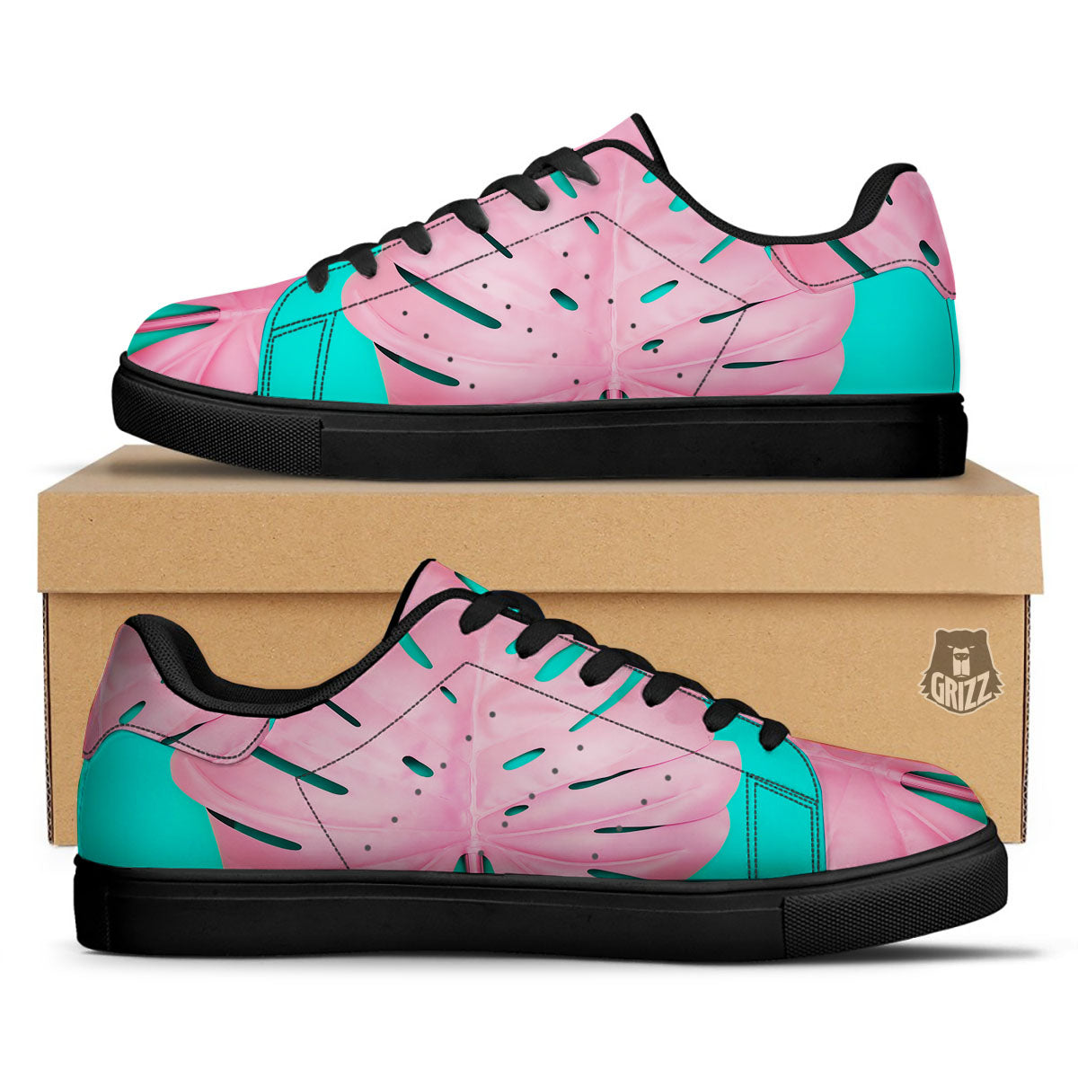 Blue And Pink Tropical Palm Leaf Print Black Low Top Sneakers-grizzshop