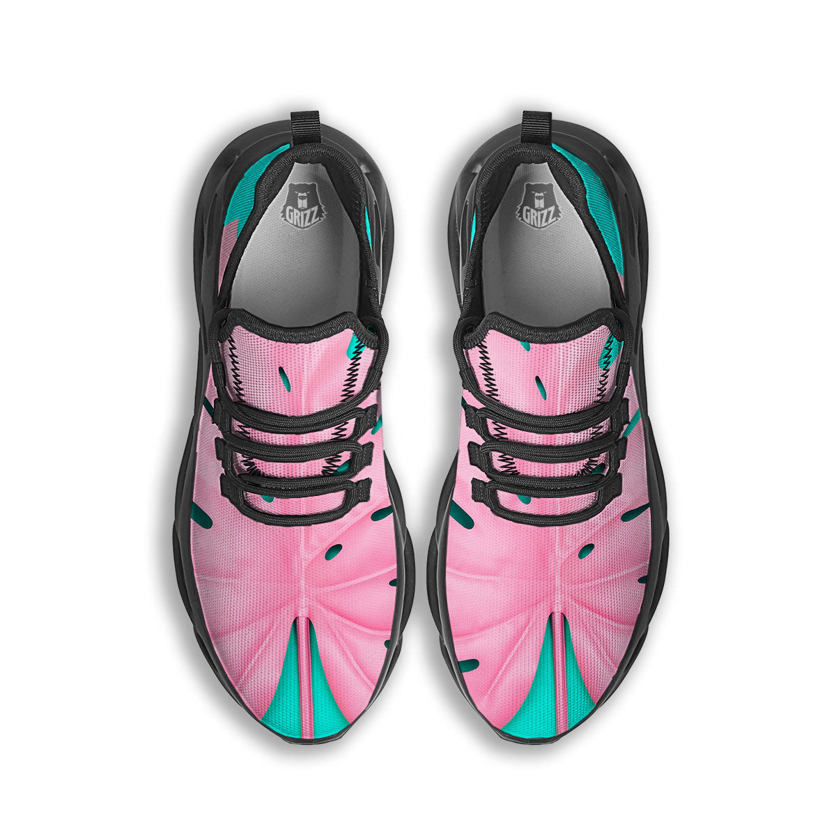 Blue And Pink Tropical Palm Leaf Print Black Running Shoes-grizzshop