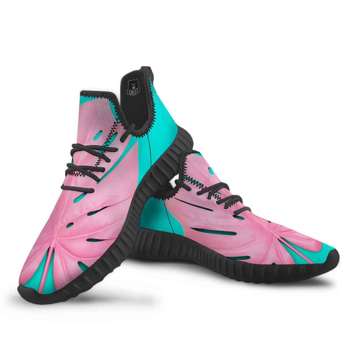 Blue And Pink Tropical Palm Leaf Print Black Walking Shoes-grizzshop