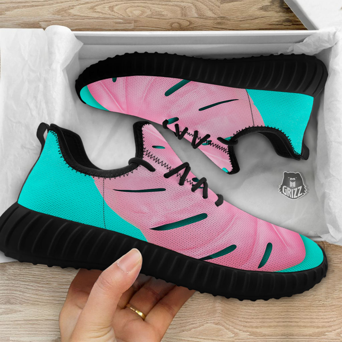 Blue And Pink Tropical Palm Leaf Print Black Walking Shoes-grizzshop