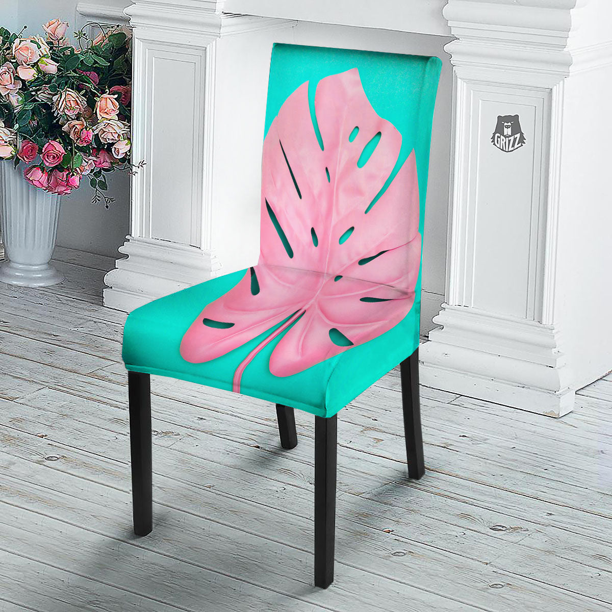 Blue And Pink Tropical Palm Leaf Print Dining Chair Slipcover-grizzshop