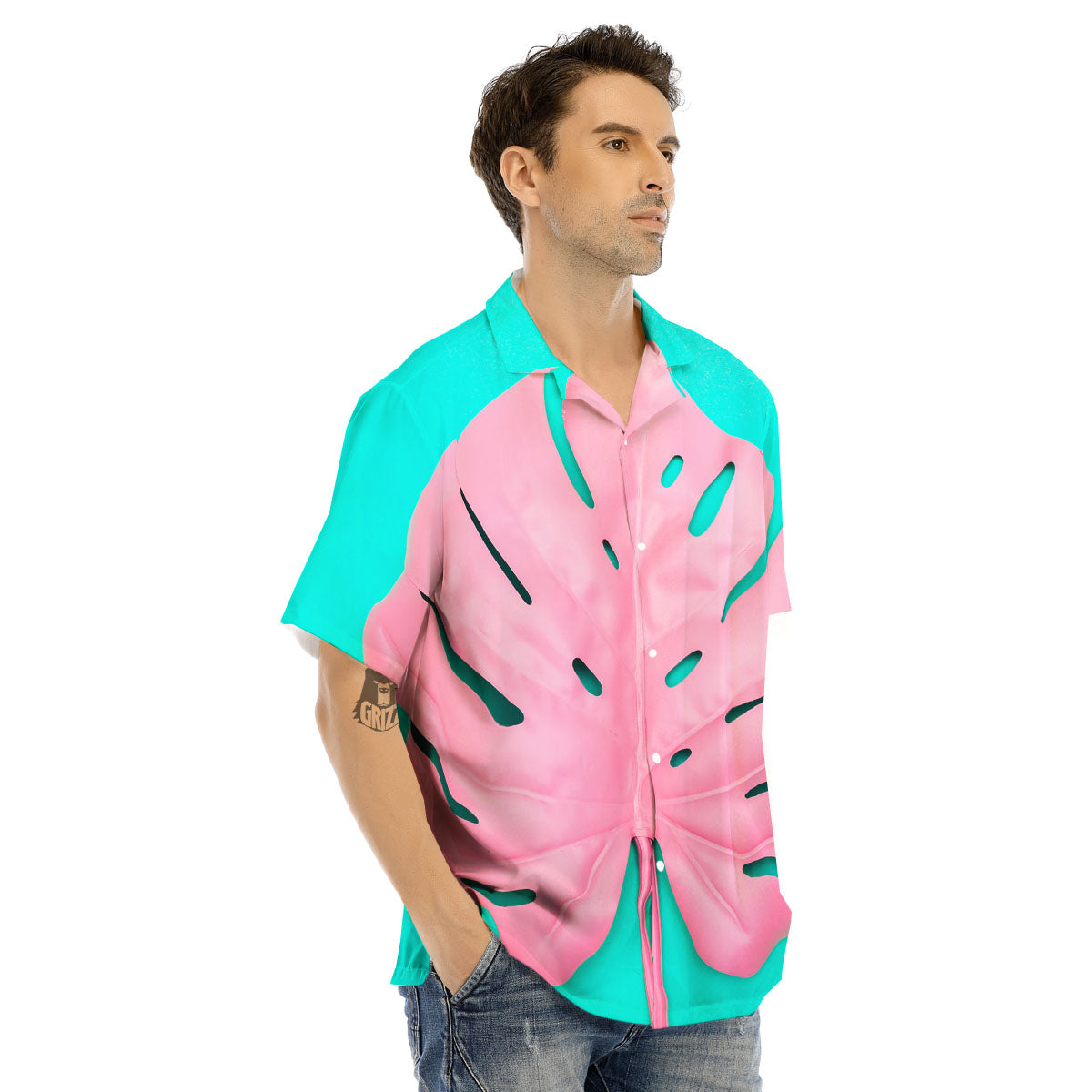 Blue And Pink Tropical Palm Leaf Print Men's Hawaiian Shirt-grizzshop